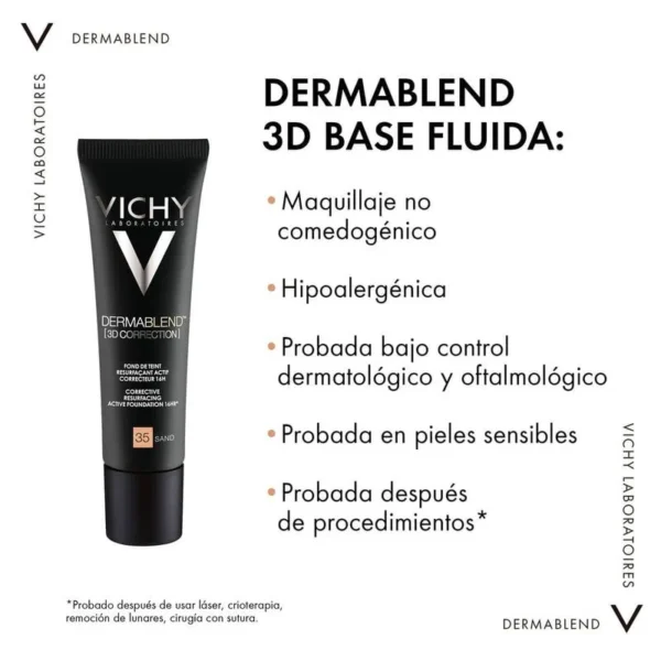 LOR BASE LIQUIDA DERMABLEN 3D CORRECION TONO 35 SAND  TUBO 30 - Imagen 3